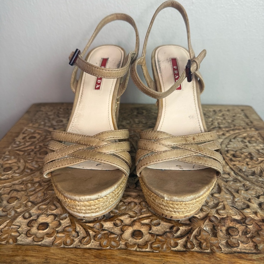 Prada Women's Leather Espadrille Cork Platform Sandals Sz 36